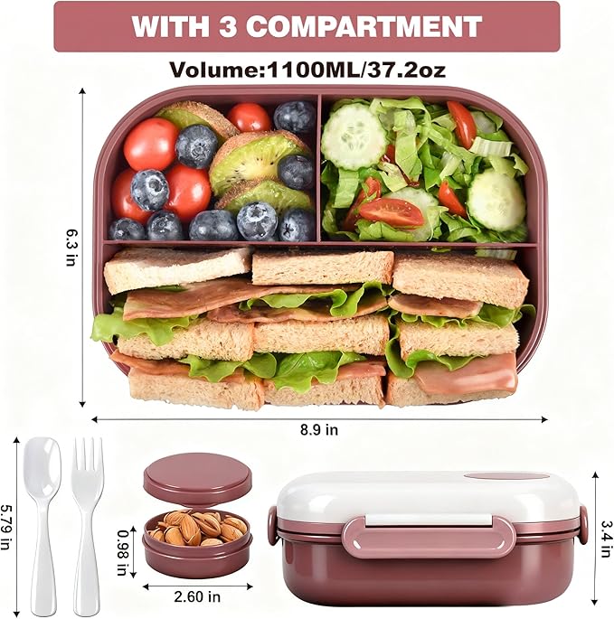 Lunch Bento Box Set - 3 Compartment Containers for Kids and Adults,lunch box for women with Thermo Lunch Bag, Leak-Proof and BPA-Free - Built-in Utensil Set,Sauce - Dishwasher Safe-Claret