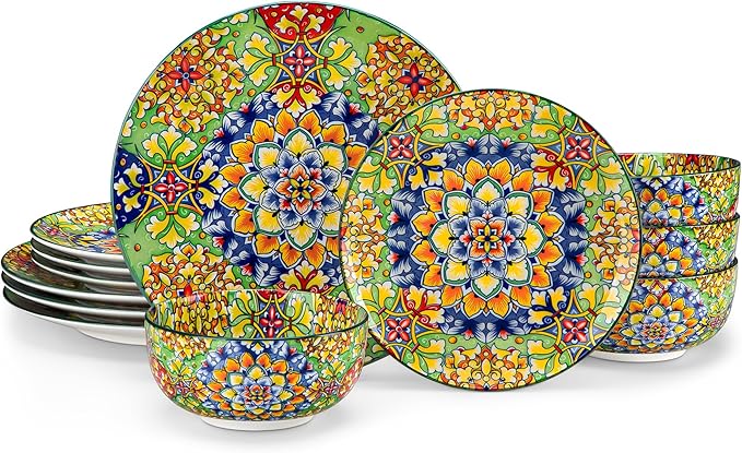 vancasso 12 Pieces Dinnerware Sets, Green Plates and Bowls Set, Porcelain Dishes Set for 4, Microwave and Dishwasher Safe, Scratch Resistant, Bohemian Style Dining Ware Service for 4, Series SIMI