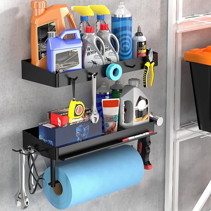 ZUNTO Garage Paper Towel Holder with 2 Shelves, Black Paper Towel Holder with Hooks, Wall Mount Paper Towel Rack for Organization and Storage, Drilling