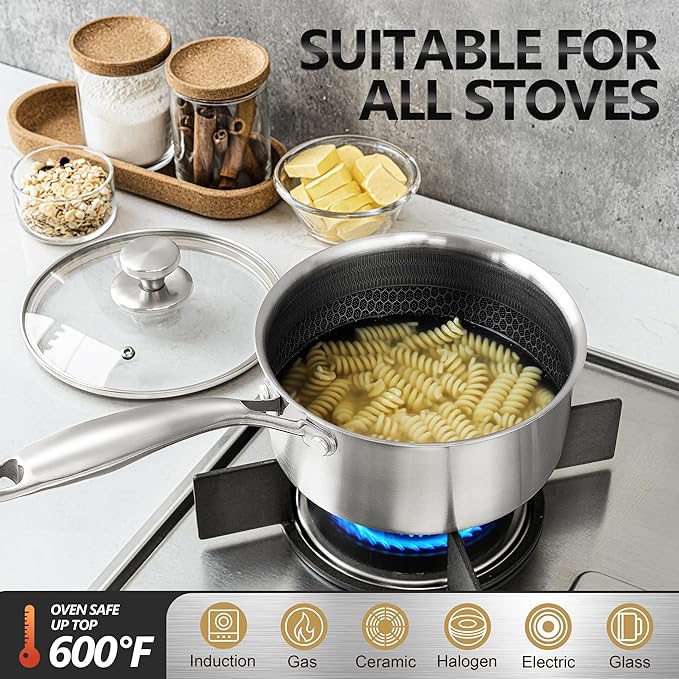 MICHELANGELO 3 Quart Saucepan with Lid, Premium Triple Ply Stainless Steel Sauce Pan with Lid, Sauce Pot with Honeycomb Interior - 3QT