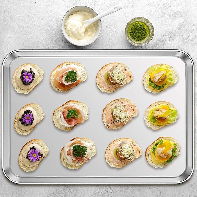 Stainless Steel Baking Sheet Set of 2, Deedro Cookie Sheet Metal Baking Pan Oven Tray, Non Toxic & Heavy Duty, Rust Free & Mirror Finish, Easy Clean & Dishwasher Safe, 20 x 14 x 1.3 Inch