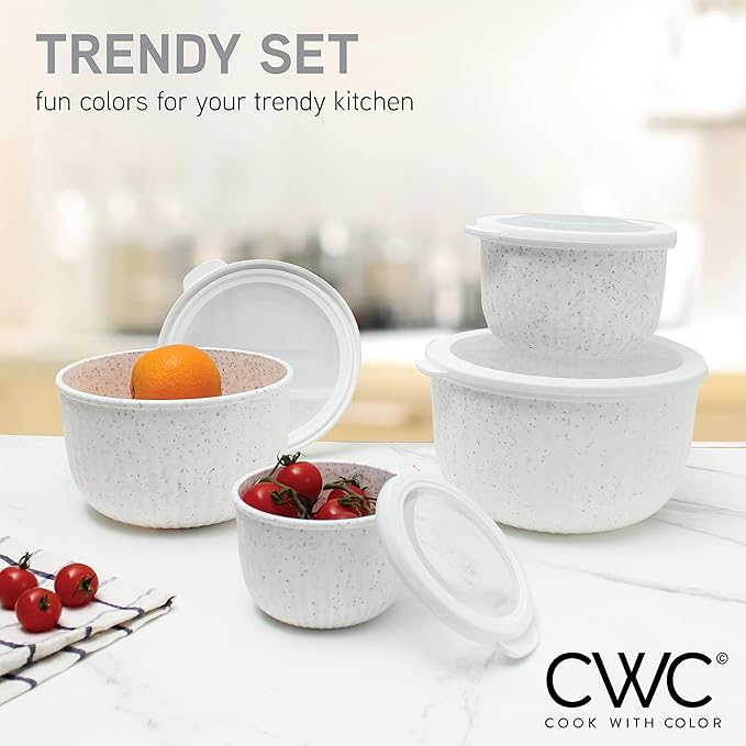 COOK WITH COLOR Prep Bowls with Lids- Wide and Deep Nesting Plastic Small Mixing Bowl Set with Lids, 8 Piece Set - Deep Bowls, Speckled White