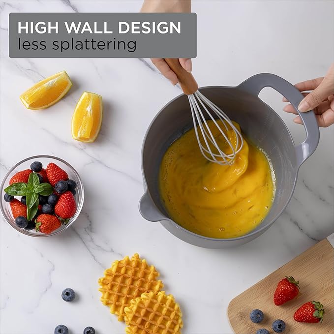 COOK WITH COLOR Nesting Plastic Mixing Bowl Set with Pour Spouts and Handles, Gray, 6 Piece Non-Slip