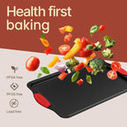 BAKKEN Kitchen Baking Pans - 15.15 x 10.03" Medium Nonstick Sheet, Durable Carbon Steel Cookie Sheet with Red Silicone Handles, PFOA, PFOS, PTFE Free, Oven Safe Tray (Up To 450°F), Set of 1