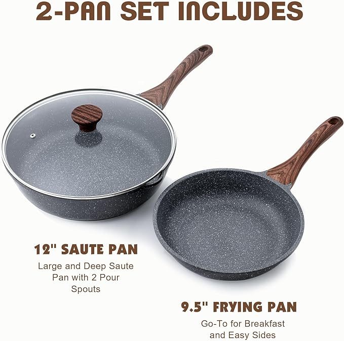 SENSARTE Nonstick Frying Pan Skillets, Swiss Granite Coating Omelette Pans, Healthy Cookware, Free of Intentionally Added PFOA (9.5 Inch Frying Pan and 5QT Saute Pan)
