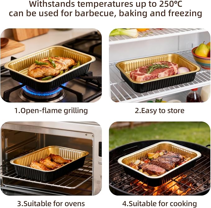 Aluminum Foil Pans, Extra Heavy Duty Disposable Aluminum Baking Pans, 14.57"×10.63" Steam Table Pans for Cooking, Heating, Storing, Prepping Roasting and Chafing (5 Pack Black and Gold)