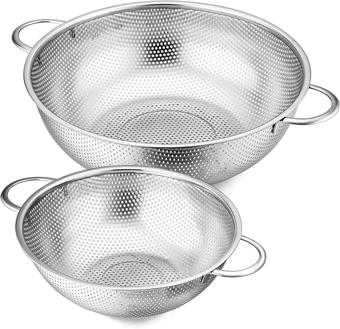 E-far 3QT & 5QT Colander Set of 2, Stainless Steel Micro-Perforated Colander Strainer with Handle for Kitchen/Draining Pasta/Rinsing Vegetables Fruits, Heavy Duty Metal & Dishwasher Safe