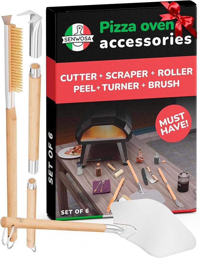 Senwosa Pizza Oven Accessories Set - 3 Piece Pizza Making Kit with Pizza Peel, Pizza Oven & Stone Brush with Scraper, Turning Fork & Bubble Popper - Tools for Indoor Outdoor Brick Wood Gas Ovens