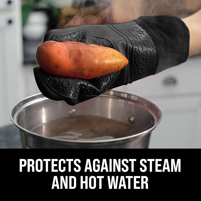 BPA-Free Silicone Oven Mitts Ultra Heat Resistant up to 500°F - Oven Mitts with Thick Cotton Liner - Long Slip Resistant Pot Holders, Flexible Oven Gloves - Black 14.7