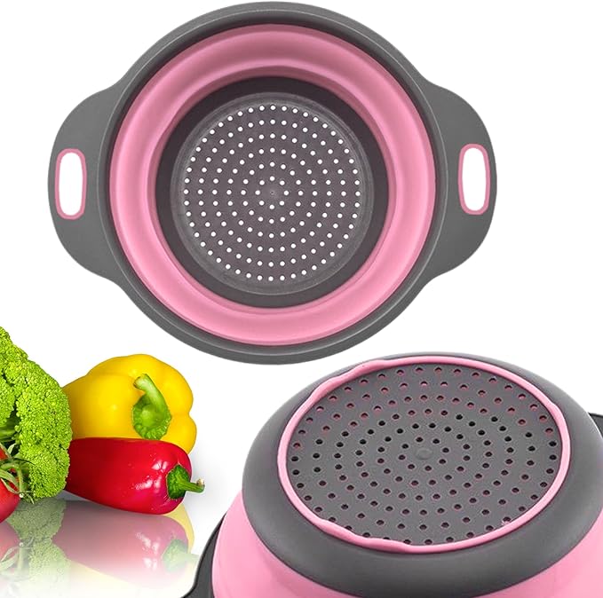 Pink Round Silicone Colander Collapsible – Foldable Kitchen Strainer Small Collapsible Colander Pink with Plastic Handles for Draining Vegetable and Fruit Round Silicone Kitchen Strainer for Pasta