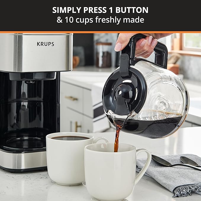 KRUPS Coffee Maker 10 Cups Simply Brew Stainless Steel Drip Coffee Maker, 900 Watts Coffee Filter, Drip Free, Dishwasher Safe Pot , Black & Silver