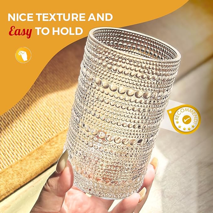 Hobnail Drinking Glasses Set of 12, 11.8 oz Vintage Glasses Drinking Set & 10 oz Cocktail Glasses Set, Embossed Glass Cups for Kitchen, Beer, Juice, Cocktail, Whiskey, Milk
