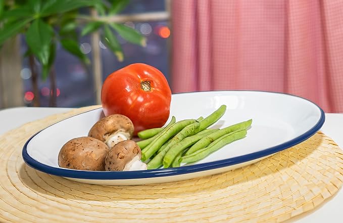 Red Co. Set of 4 Enamelware Metal Classic 13" Serving Oval Tray Platter, Solid White/Navy Blue Rim