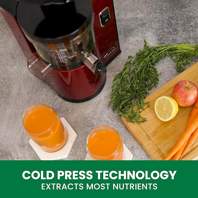 Omega Juicer Cold Press Vertical 43 RPM Slow Masticating Compact Juice Extractor for Fruits and Vegetables Quiet Operation with 3 Stage Auger Automatic Pulp Ejection and No-Drip Tap, 150-Watts, Red