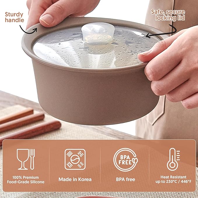 27oz Platinum Silicone Microwave Steamer Pot with Handle & Lid - Korean 100% Food-Grade Steamer Bowl, Heat-Resistant Cooker with Steam Holes, Easy Clean, Dishwasher Safe, Yellow