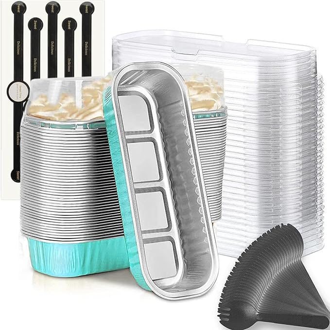 Findful Mini Loaf Baking Pans with Lids and Spoons (50 Pack, 6.8oz) Rectangle Aluminum Foil Baking Pans Tins Containers - Cupcake Containers Wrappers Cheesecake Creme Brulee Ramekins