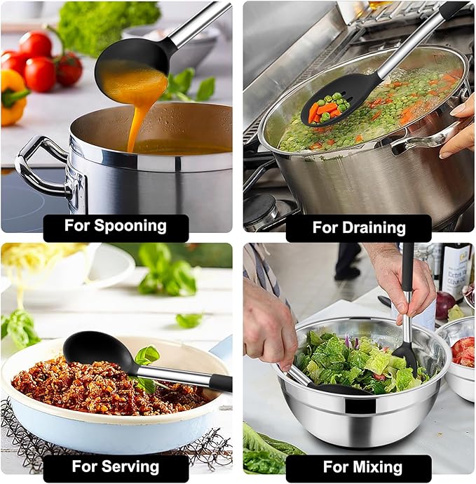 TeamFar Kitchen Utensils, 4 PCS Silicone Cooking Utensils Spatula Spoon Set with Stainless Steel Handle, for Frying Mixing Draining Turning, Healthy & Heat-proof, Non-stick & Dishwasher Safe - Black