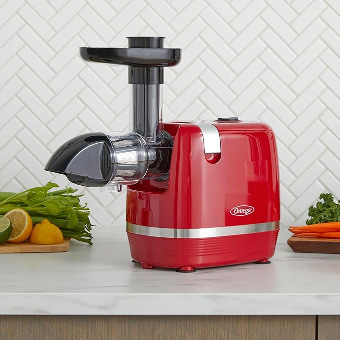 Omega H3000RED Cold Press 365 Juicer Slow Masticating Extractor Creates Delicious Fruit Vegetable and Leafy Green High Juice Yield and Preserves Nutritional Value, 150-Watt, Red