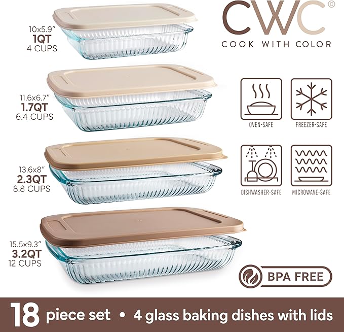 COOK WITH COLOR 8-Piece Deep Glass Baking Dish Set with Plastic Lids – Casserole and Food Storage Containers for Lasagna, Leftovers – Freezer-to-Oven, Microwave & Dishwasher Safe, Brown