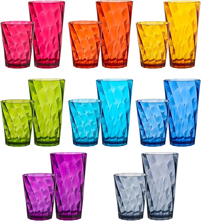US Acrylic Optix Plastic Reusable Drinking Glasses (Set of 16) 14oz Rocks & 20oz Water Cups in Jewel Tone Colors | BPA-Free Tumblers, Made in USA | Top-Rack Dishwasher Safe