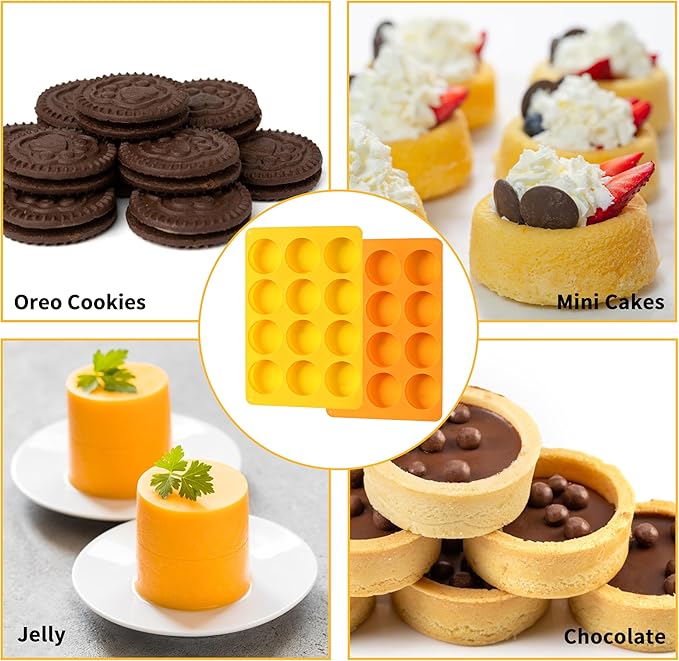 2 Pcs Oreo Chocolate Cookie Silicone Molds, 12-Cavity Round Silicone Mold, Baking Mold for Oreo, Chocolate, Cookie, Candy, Mini Cake, Jelly (Orange + Yellow)