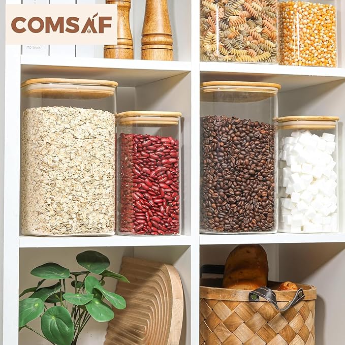 ComSaf 1.2 Gallon Wide Mouth Flour Sugar Storage Containers 2 Pcs, 4.6 Qt Glass Storage Containers with Lids, Large Pantry Glass Jar with Lid, Big Jars for Rice, Flour, Sugar, Cereal, Cookie, Coffee
