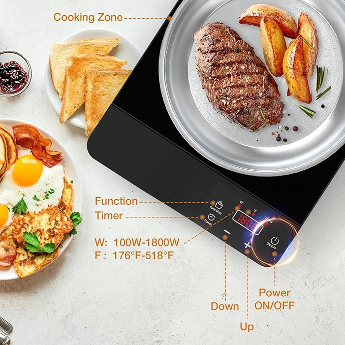 Portable Induction Cooktop 1800W,110V Single Burner Induction Burner & Fry Pan, Hot Plate Stove Electric Burner LED Touch Control & 4H Timer, 8 Power 8 Temperature Setting for Cooking