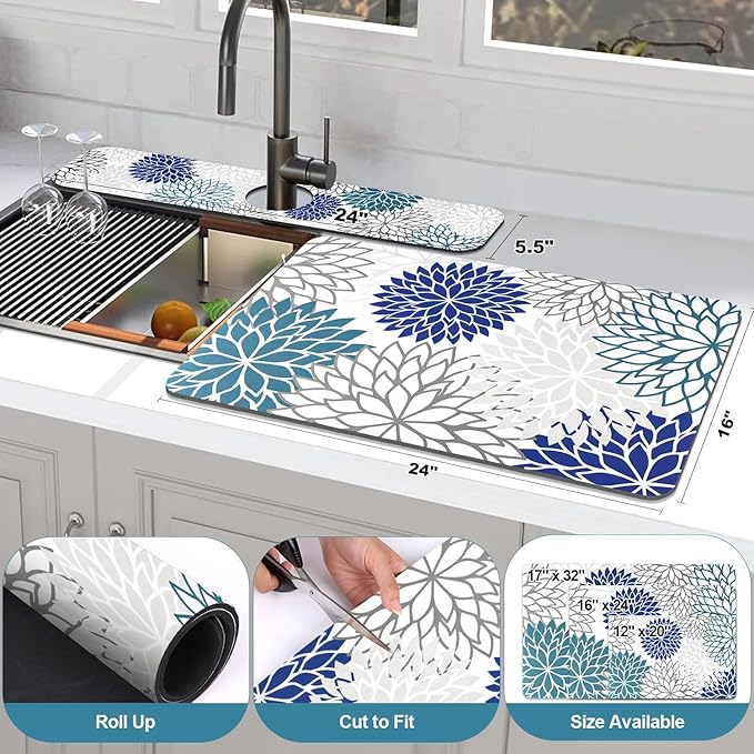 Findosom 2PCS 16" x 24" Dish Drying Mat & 24" x 5.5" Sink Splash Guard, Super Absorbent & Cuttable Dish Mat Drying Kitchen Mat with Blue Floral, Hide Stain Drying Mat for Kitchen Counter