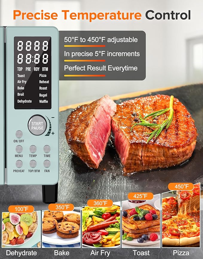 Nuwave Bravo Pro Smart Air Fryer Toaster Oven Combo, Airfryer Convection Oven Countertop, 12-in-1 Functions with Quicker & Even Crisp Technology, 1800W, 50-450°F, PFAS-Free, 21QT, Mint