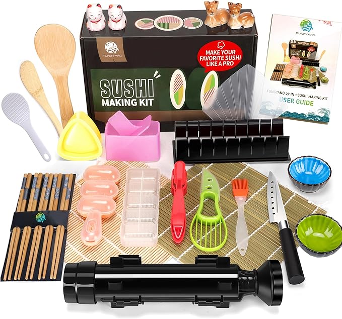 FUNGYAND Sushi Making Kit, 27-in-1 Professional Maker Set with Bazooka Roller, Nigiri & Musubi Presses, Bamboo Mats, Knife, Chopsticks, Ceramic Dishes - Ideal for Beginners