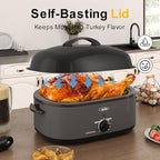 Sunvivi 22lb 18-Quart Electric Roaster Oven with Self-Basting Lid, Turkey Roaster with Unique Defrost/Warm Function, Large Oven with Removable Pan & Rack, Stainless Steel, Grey