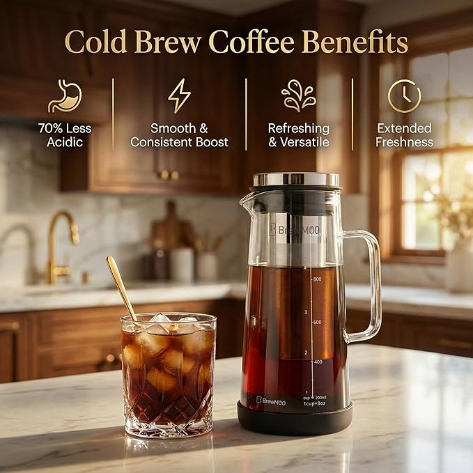 BrewMOO- Airtight Cold Brew Coffee Maker Pitcher, 1.0L/34Oz Thick Glass Carafe with Filter, Comfort Sturdy Handle & Wide Spout, Non-Slip Base | Iced Tea Maker (Black)