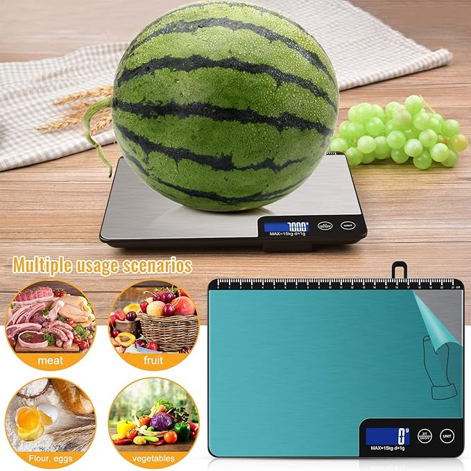 33lb Digital Kitchen Scale Large Weighing Area (9 in), Diyife Professional Electronic Food Scale, Stainless Steel Household Scale, Touch Control, LCD Display, Hangable, 6 Units, Tare, with Batteries
