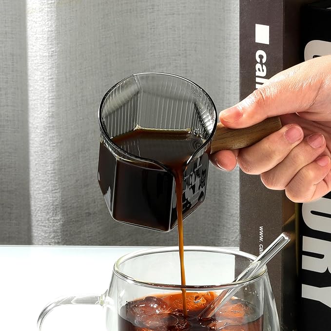 Joeyan 4 oz Grey Double Spouts Measuring Triple Pitcher Milk Cup with Wood Handle,Ribbed High Borosilicate Glass Measuring Cup, Espresso Shot Glasses