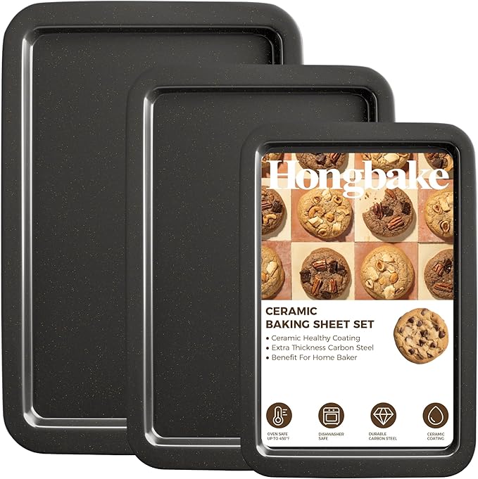 HONGBAKE Ceramic Baking Sheet Pan Set, Cookie Sheet for Oven, Bakeware Sets with Wider Grips, 3 Pack Half/Jelly Roll/Quarter Baking Tray, Premium, Dishwasher Safe - Dark Grey
