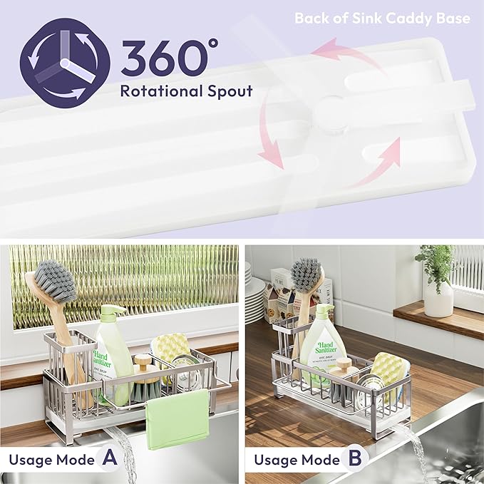 SWTYMIKI Sponge Holder for Kitchen Sink - Sink Caddy with Brush Holder Self-draining Sponge Caddy Organizer with Divider Stainless Steel Kitchen Accessories Storage for Countertop, Sand Nickel