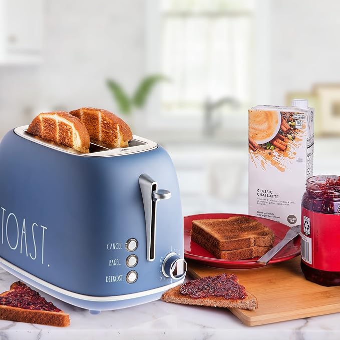 Rae Dunn Retro Rounded Bread Toaster, 2 Slice Stainless Steel Toaster with Removable Crumb Tray, Wide Slot with 6 Browning Levels, Bagel, Defrost and Cancel Options, Navy