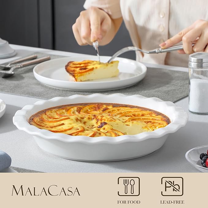 MALACASA Ceramic Pie Pan, Pie Pan for Baking 9 Inch, 40 OZ Pie Plate Round Pie Dish for Baking Fluted Pie Dish Baking Pan, Non Stick Deep Pie Dishes for Quiche, Apple Pies, Pot Pies, Tart, etc.