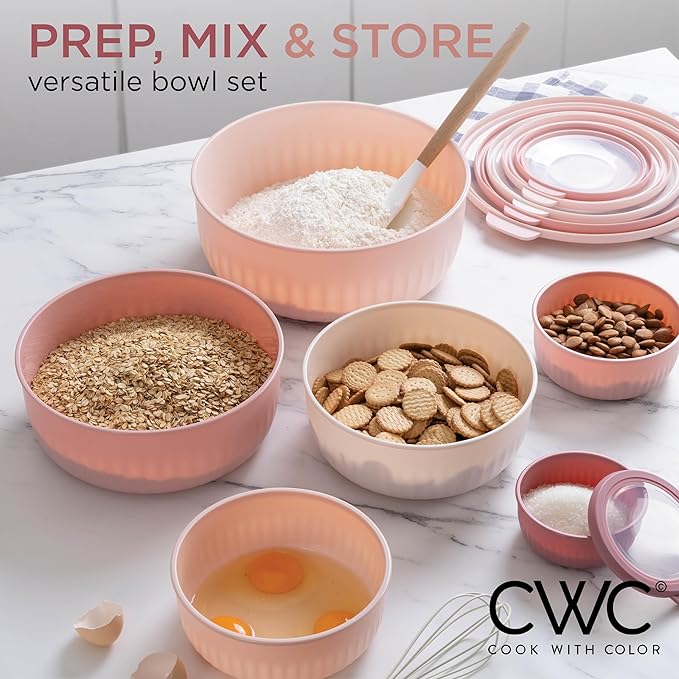 COOK WITH COLOR Prep Bowls with Lids- Wide and Deep Nesting Plastic Small Mixing Bowl Set with Lids, 12 Piece Set - Wide Bowls, Pink