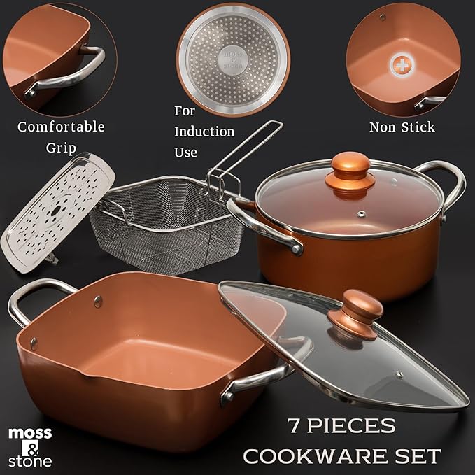 Moss & Stone 7 Pcs Copper Chef Cookware Non Stick Deep Frying Pan 9.5" x 3.5", Fry Basket, Dishwasher & Oven Safe, 5 Qt Deep Square Pot, Non Stick Pan & Round Pot, Induction Copper Cookware Set