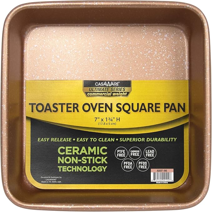 casaWare 7-Inch Toaster Oven Ultimate Series Commercial Weight Ceramic Non-Stick Coating Square Pan (Rose Gold Granite)
