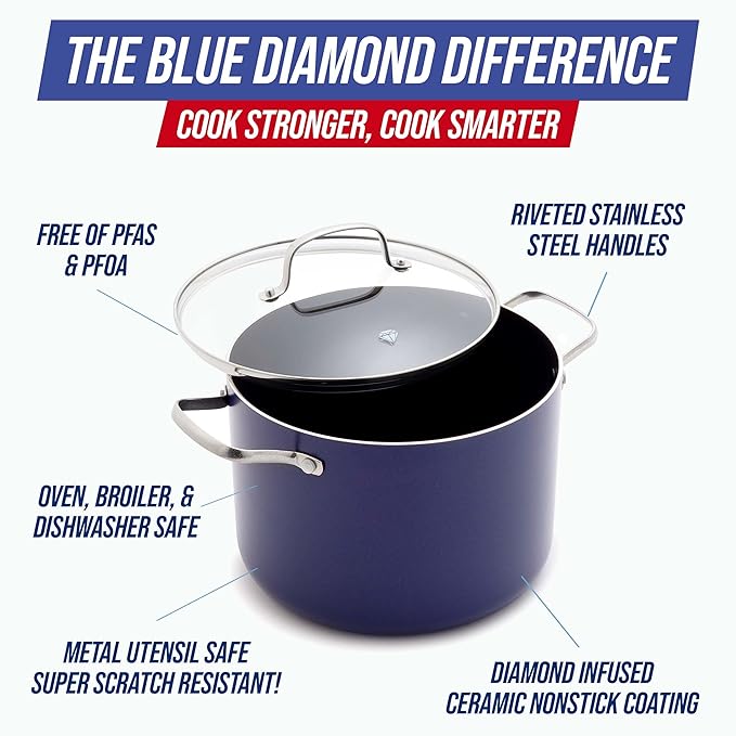 Blue Diamond 8QT Nonstick Stockpot with Glass Lid, PFAS-Free Ceramic, Multipurpose Cooking, Sauces & Soups, Pasta, Boiling & Canning Pot, Dishwasher & Oven Safe, Stainless Steel Handles, Navy