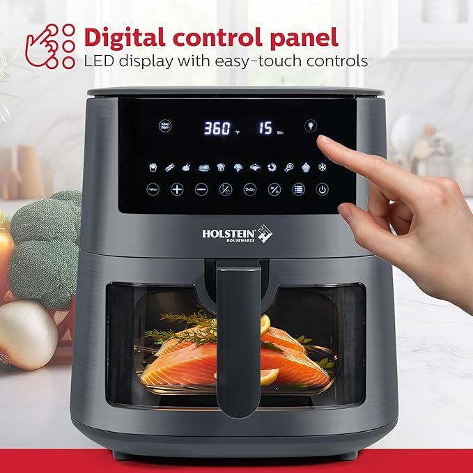 Holstein Housewares 7.6QT Digital Air Fryer with viewing window and led display with 7 preset options. Fry, bake, grill, dehydrate, and roast healthier recipes. Dishwasher Safe