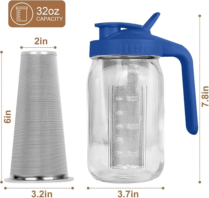 Cold Brew Coffee Maker,32 oz Mason Jar Pitcher with Stainless Steel Filter, Pour Spout Handle Lid, Heavy Duty Glass Airtight & Leak-Proof Pitcher for iced coffee Tea Lemonade-Blue