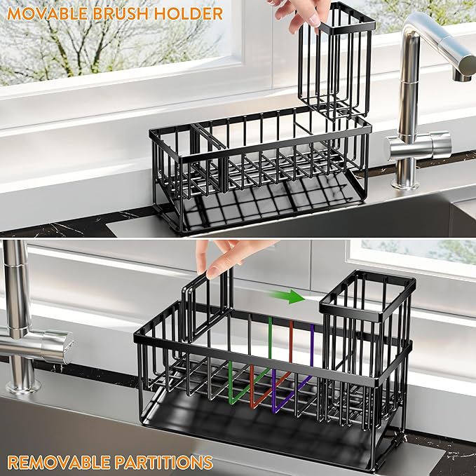 Cisily Extra Large Kitchen Sink Caddy Organzier with High Brush Holder, Sponge Holder for Sink, 304 Rustproof Stainless, Kitchen Countertop Soap Dispenser Organizer For Decor and Accessories