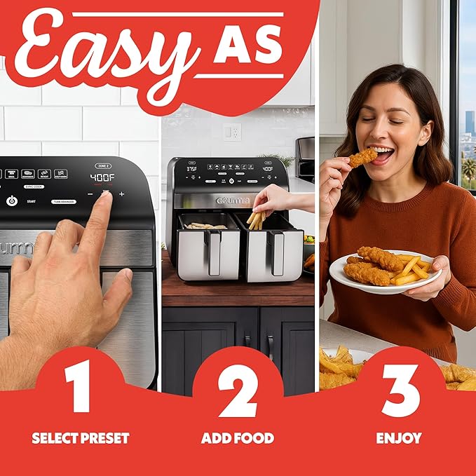 Gourmia Dual Basket Air Fryer - 10 Qt Large Capacity, FryForce360º, Digital Display with 7 Presets, Roast, Bake, Broil, Dehydrate, Match Cook, Sync Finish, Dishwasher Safe Accessories, Black