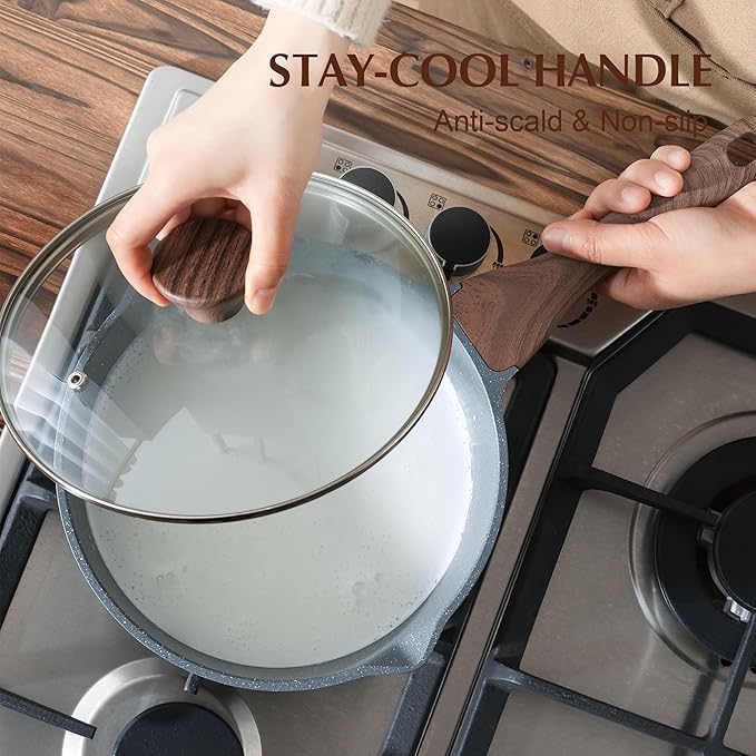 SENSARTE Nonstick Sauce Pan with Double Spout, 3.0 Quarts Swiss Granite Coating Sauce Pot with Lid Medium Kitchen Cooking Pot, Induction Comptable Saucepan, Free of Intentionally Added PFOA