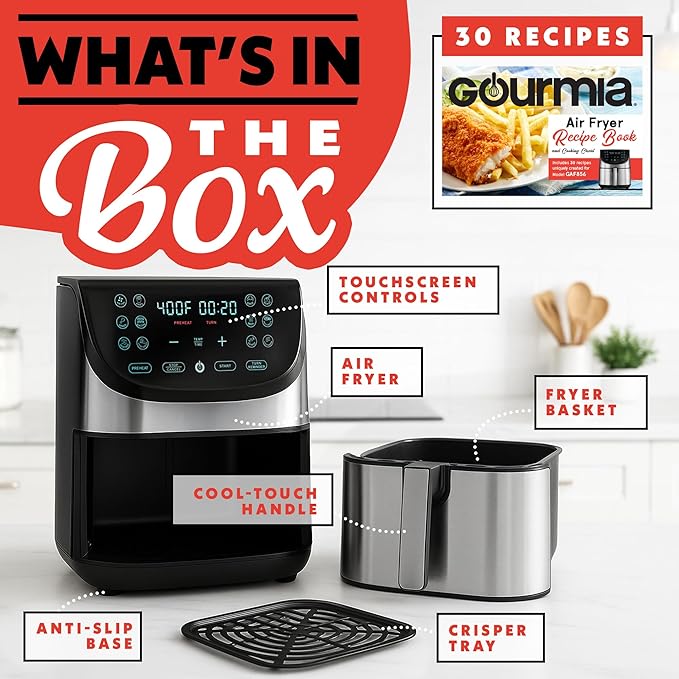 Gourmia Air Fryer - 8 Qt Extra Large Capacity, FryForce360º, Digital Display with 12 Presets, Roast, Bake, Broil, Dehydrate, Dishwasher Safe Accessories, Stainless Steel