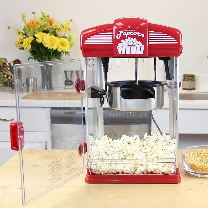 West Bend Stir Crazy Movie Theater Popcorn Popper, Gourmet Popcorn Maker Machine with Nonstick Popcorn Kettle, Measuring Tool and Popcorn Scoop for Popcorn Machine, 4-Qt., Red