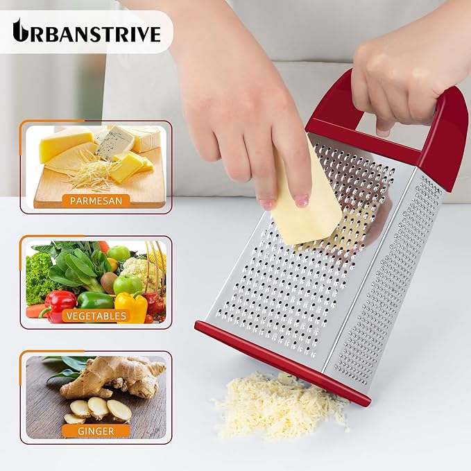 Urbanstrive Cheese Grater With Container, Professional Cheese Grater with Handle, Stainless Steel Graters for Kitchen Handheld, Box Grater with 4 Sides for Vegetables, Ginger, Potatoes (Red)